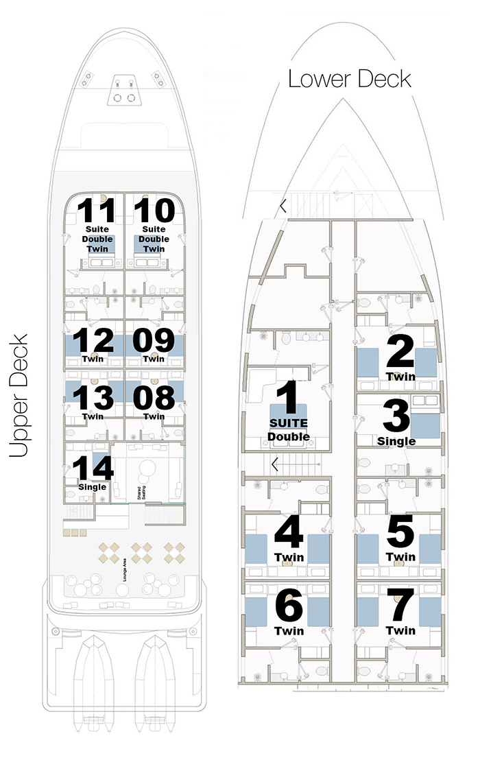 Ghazala Adventure deck plan showing cabins 1 to 14