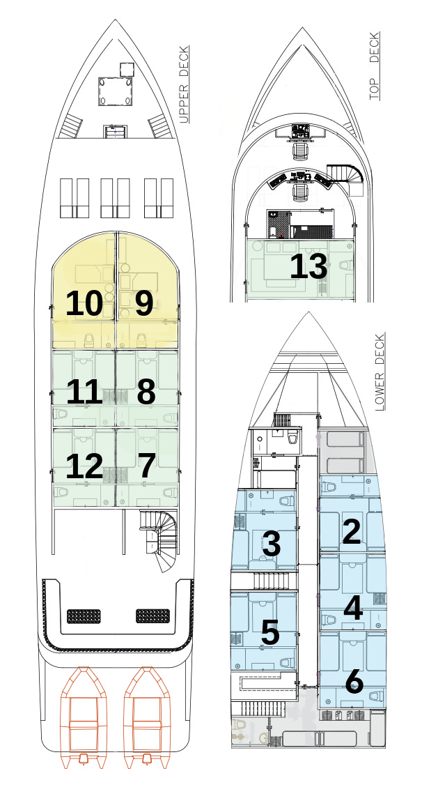 Ghazala Explorer deck plan showing cabins 2 to 13